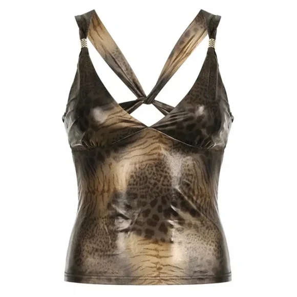 Vintage Leopard Print Gold Y2K Aesthetic Sleeveless Crop Top Women Sexy Backless - Picture 3 of 9